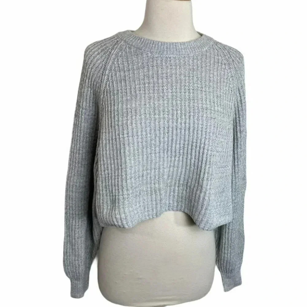 Aeropostale Sweater Sโ Gray Cropped Ribbed Knit Raglan Sleeve Crew Neck Boxy Fit